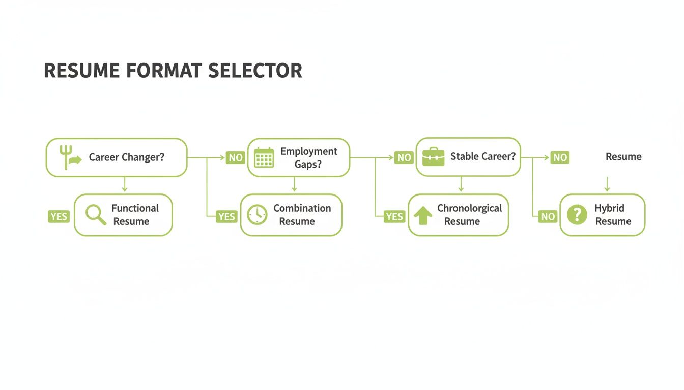 Decision tree for resume format selection, considering career changes, employment gaps, and career stability.