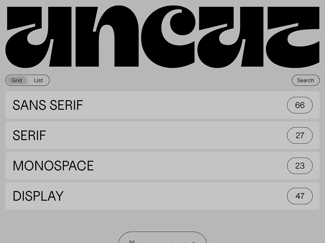 The image displays a typography catalogue interface titled "uncut," featuring various font categories such as Sans Serif, Serif, Monospace, and Display, each with a corresponding number count, against a minimalist gray background.