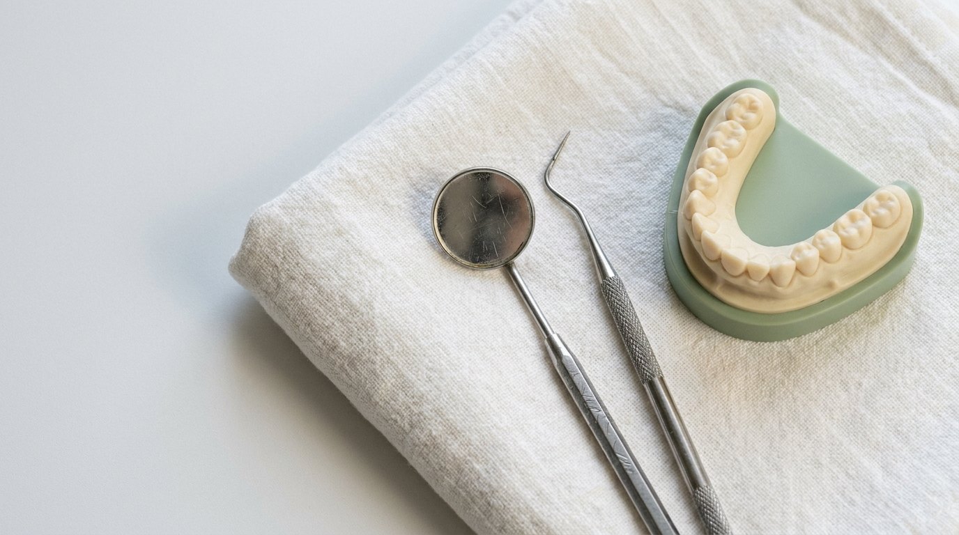 Dental mirror, explorer and a jaw model resting on a folded white towel