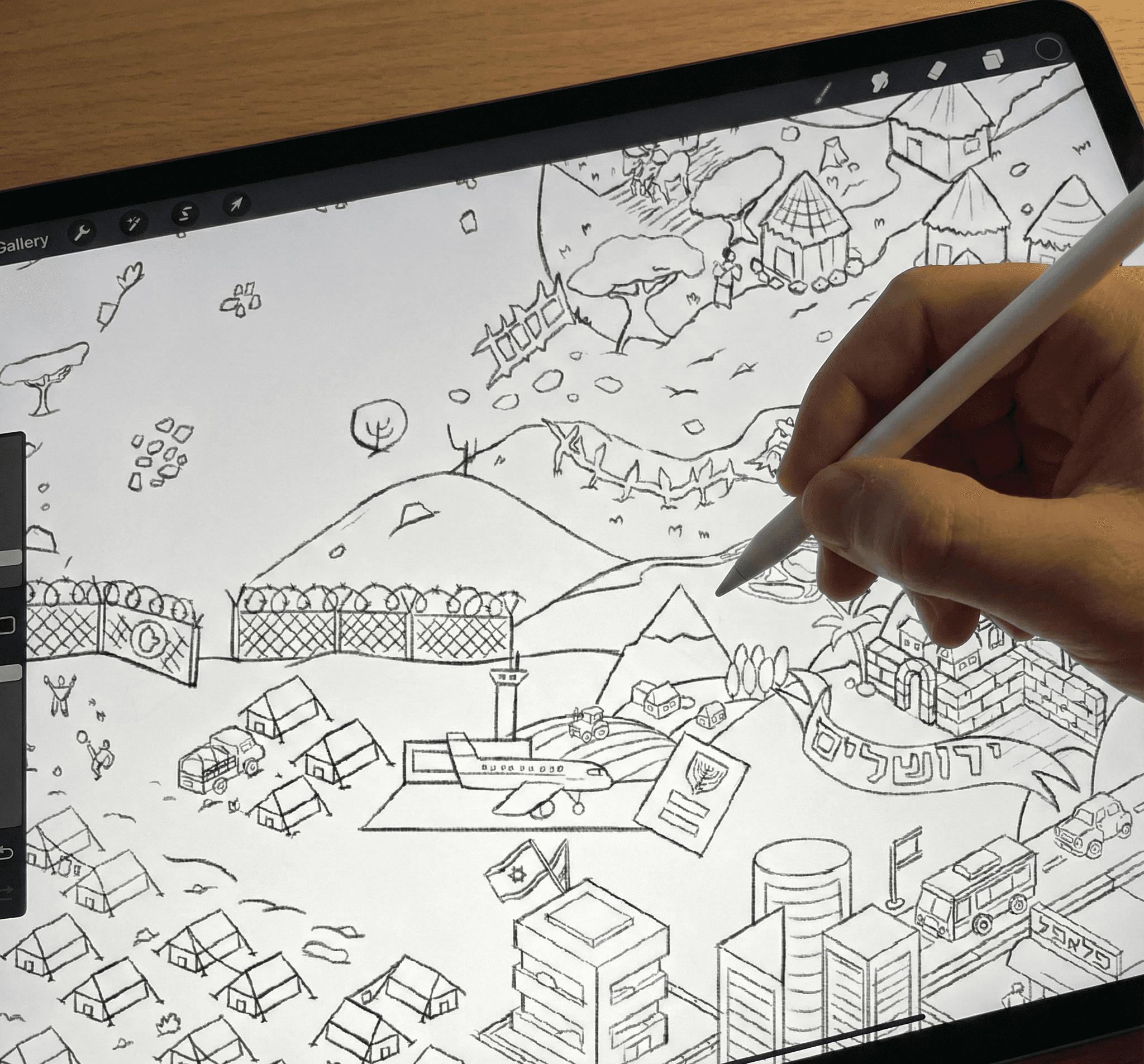 Digital sketching process of the "Gozo" game map, showing the initial line work and planning of the board's landscape.