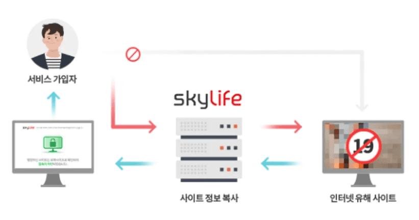 스카이라이프 유해 사이트 차단 서비스 작동 원리 다이어그램입니다. 가입자가 인터넷 유해 사이트에 접속 시, 중간 스카이라이프 서버에서 접속을 차단하고 접속 차단 안내 화면으로 연결해 주는 과정을 보여줍니다.