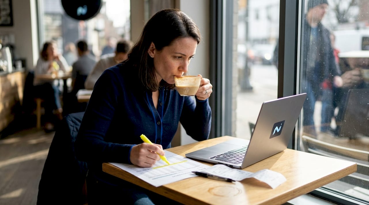 Trader reviewing backtesting results in urban café