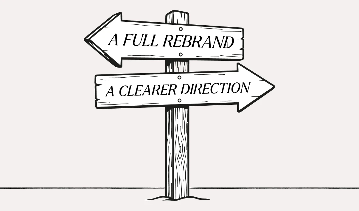 A sign post with two directions, one pointing towards a full rebrand, the other pointing towards a crearer direction