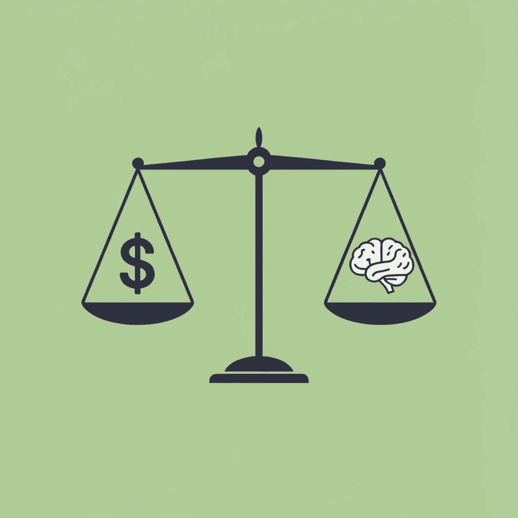 Balance scale comparing expensive traditional counseling on one side with free AI counseling on the other