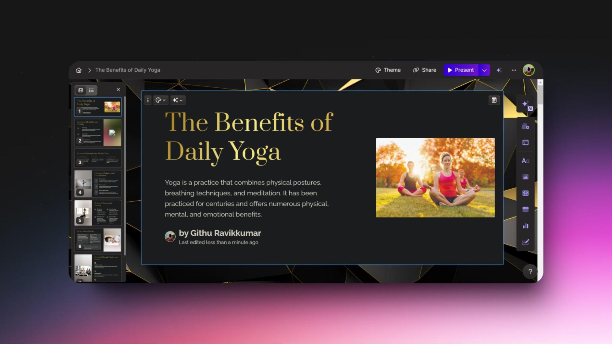 Image of Gamma presentation tool showing a slide on "The Benefits of Daily Yoga," featuring an outdoor yoga session visual.