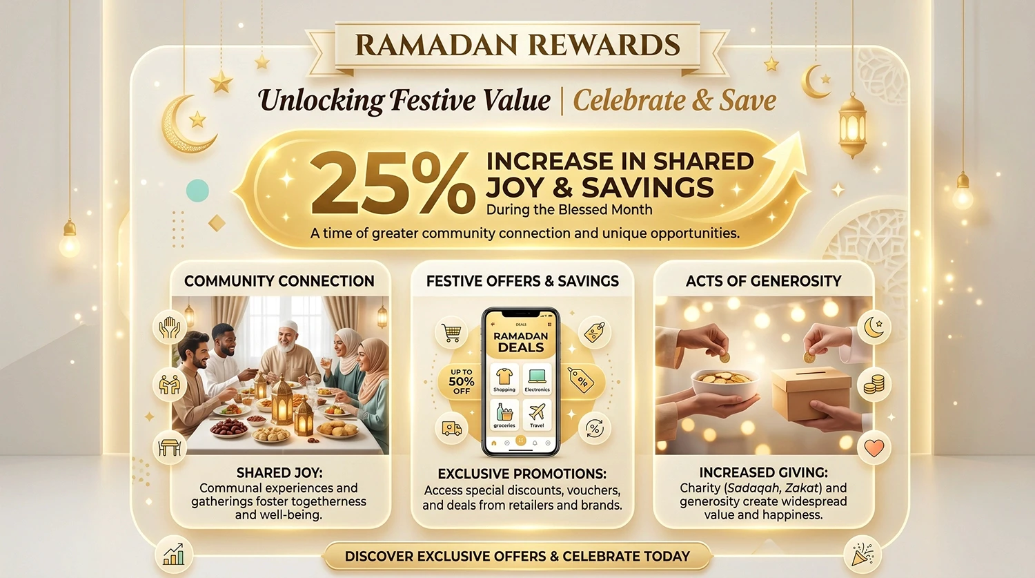 Visual guide to Ramadan festive value: community connection, offers, and charity for mediareach strategies