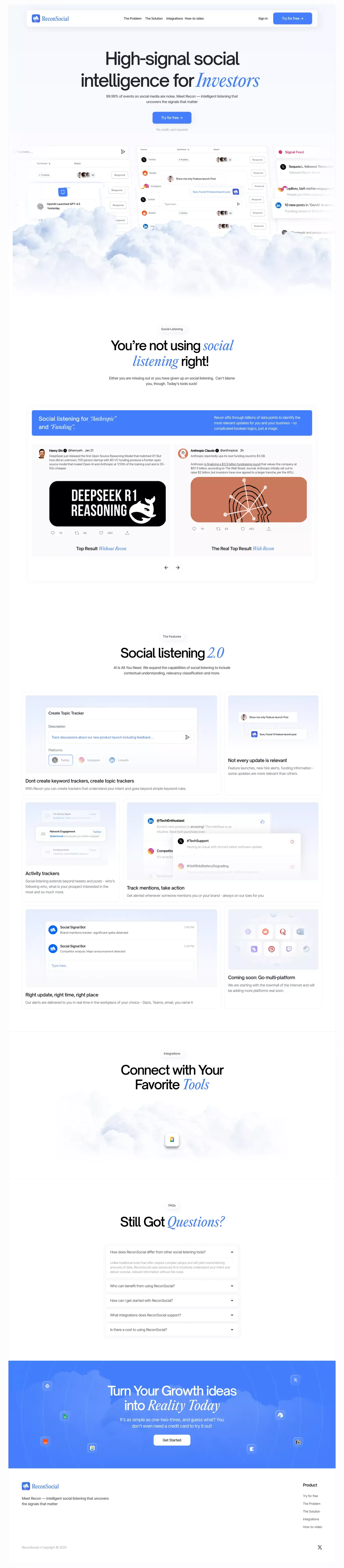 Recon Social landing page screenshot showcasing Tech design