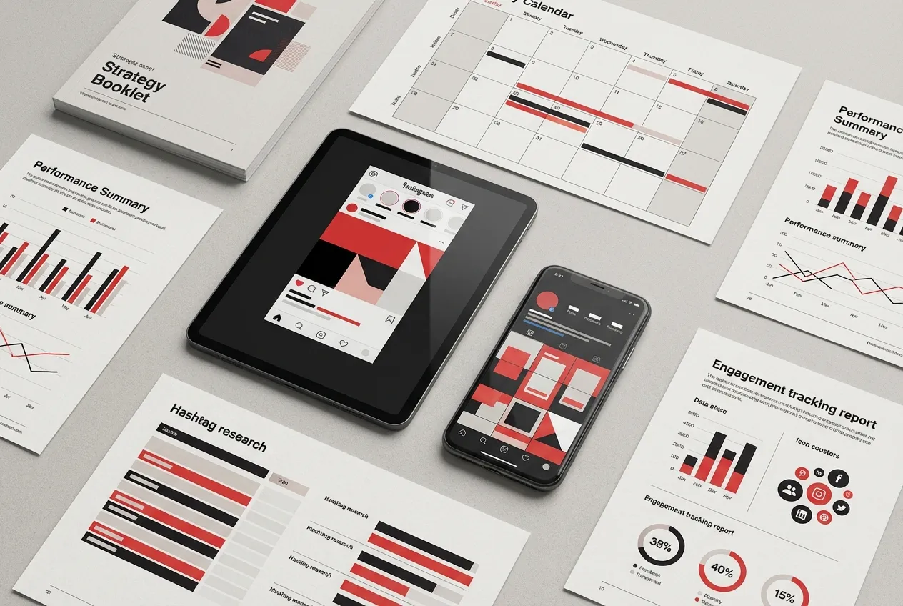 RockN' Socials digital marketing agency tools on a desk, featuring analytics.
