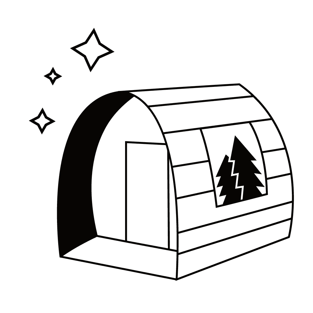 Minimalist black and white logo of a glamping dome pod with pine tree window design and decorative stars
