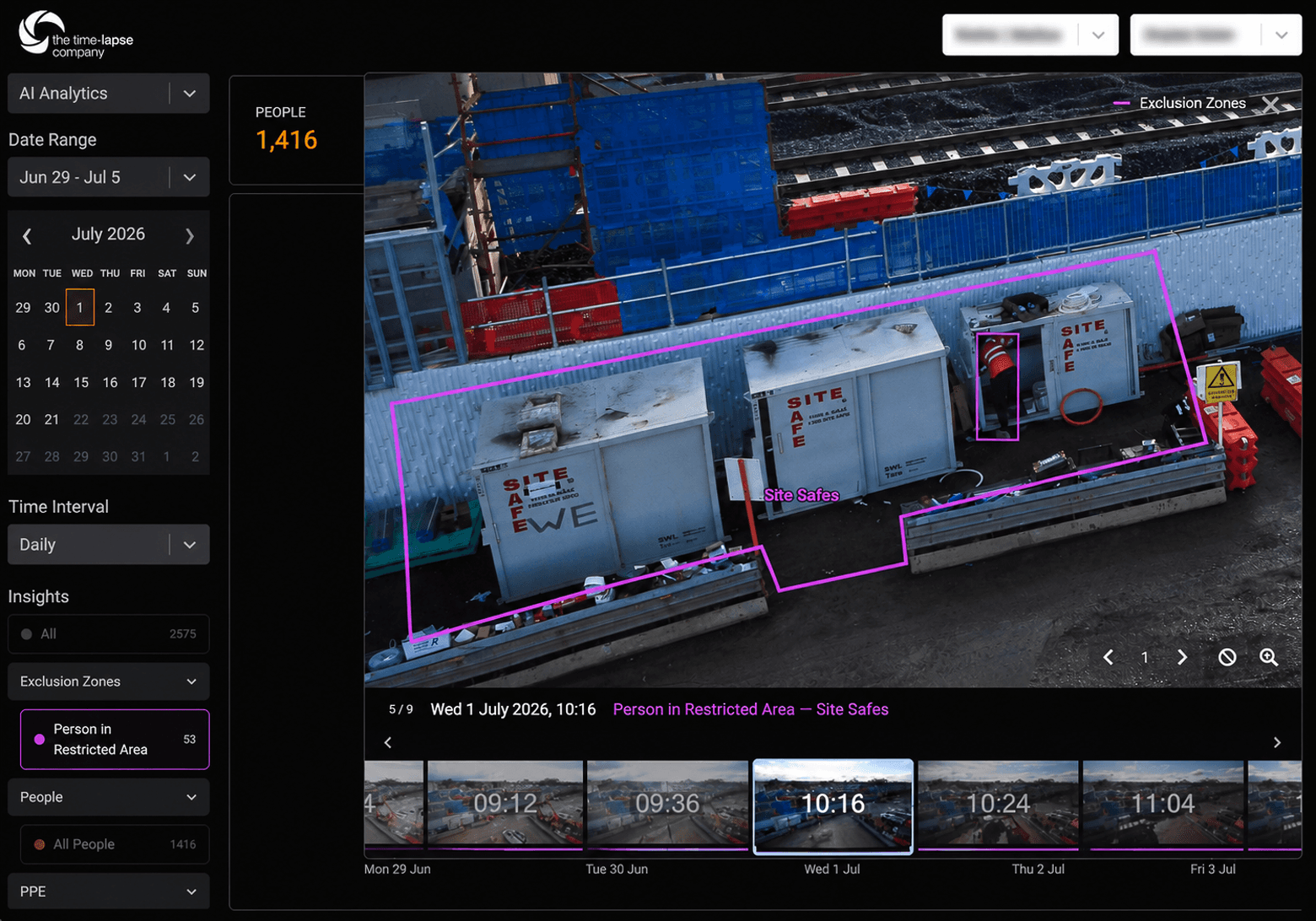 AI analytics showing a person detected in a construction-site exclusion zone
