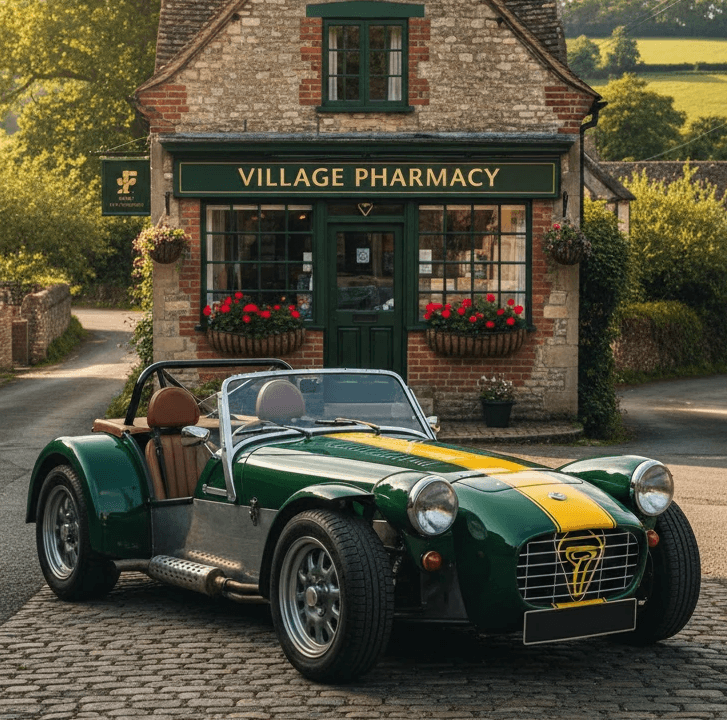 A classic green and yellow Caterham SuperSprint road-race car is parked on a cobblestone street in front of a charming stone "Village Pharmacy" building in the English countryside, bathed in the warm light of late afternoon.