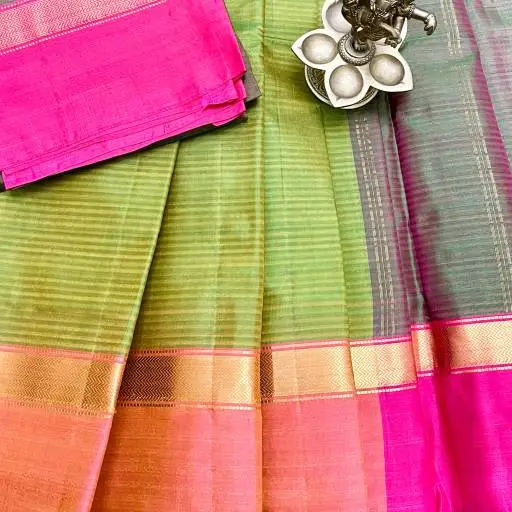 Olive Green Striped Silk Saree With Thick Zari Pink Border