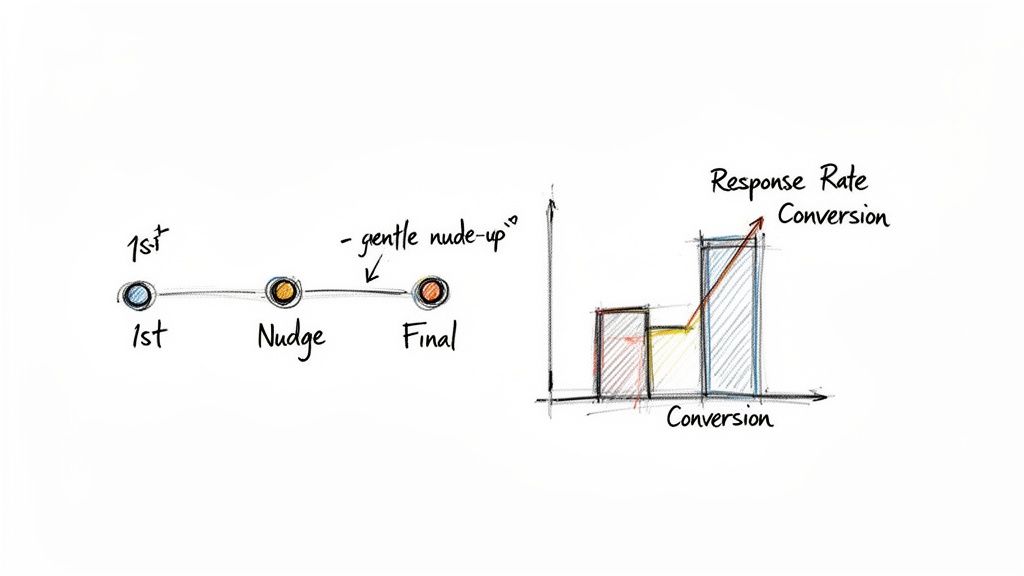 A diagram showing a 3-step outreach process (1st, Nudge, Final) leading to increased response rate and conversion.