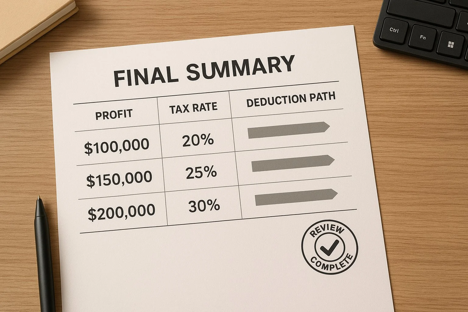 Desk with a final summary sheet showing profit levels, tax rates, and deduction paths, accompanied by a “Review Complete” stamp icon.