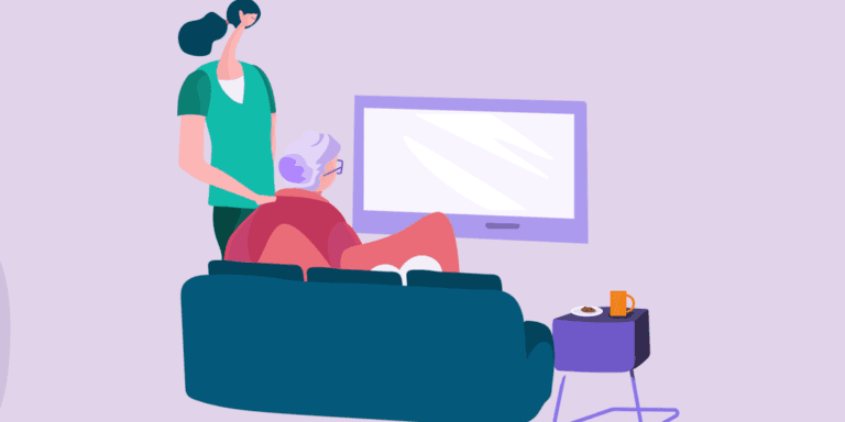 Illustration of a caregiver standing beside an elderly person watching TV on a sofa.