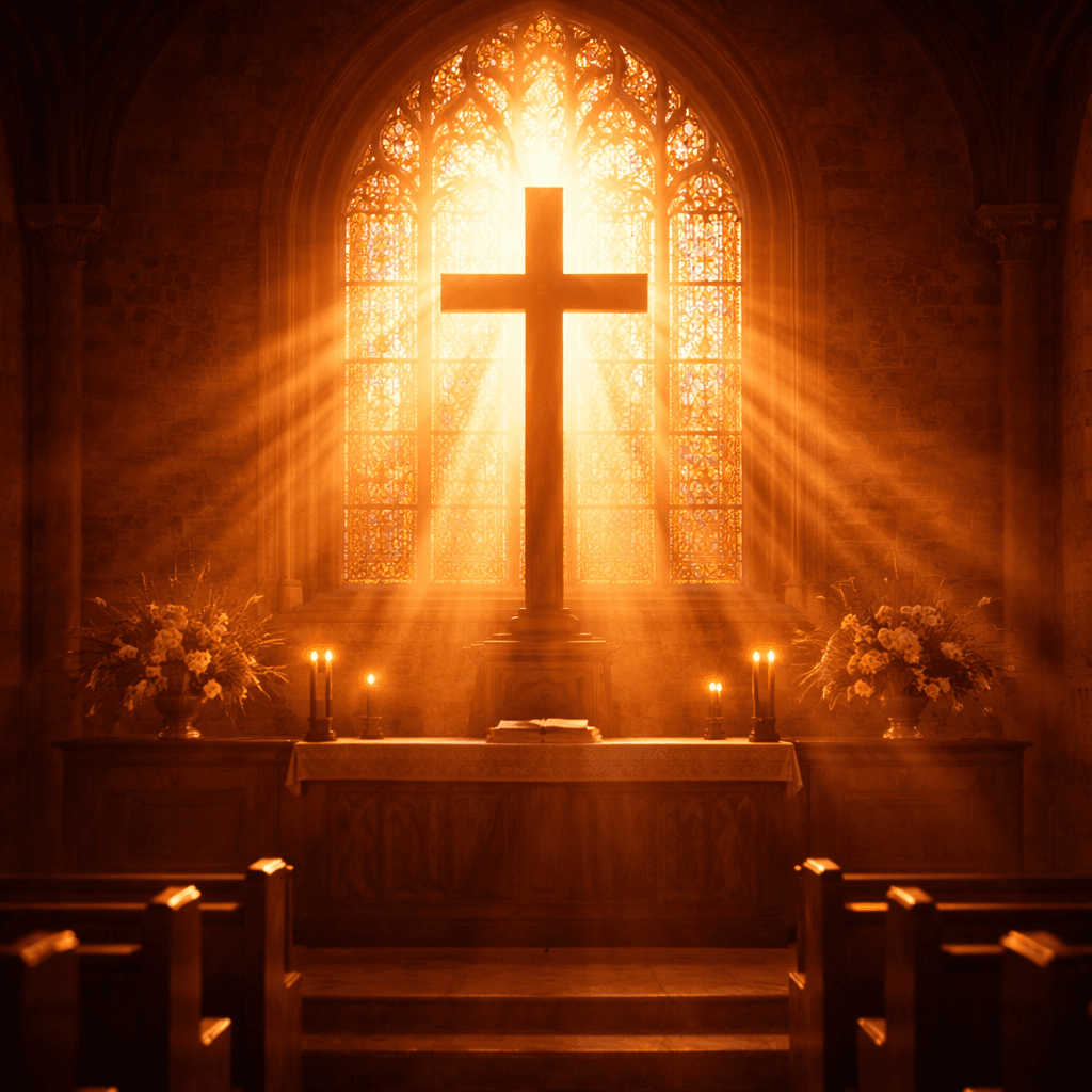 Church cross illuminated by golden sunrise light streaming through stained glass windows.