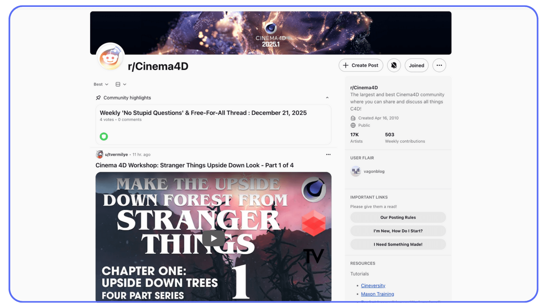 r/Cinema4D subreddit page displaying community posts, tutorials, and Cinema 4D discussions