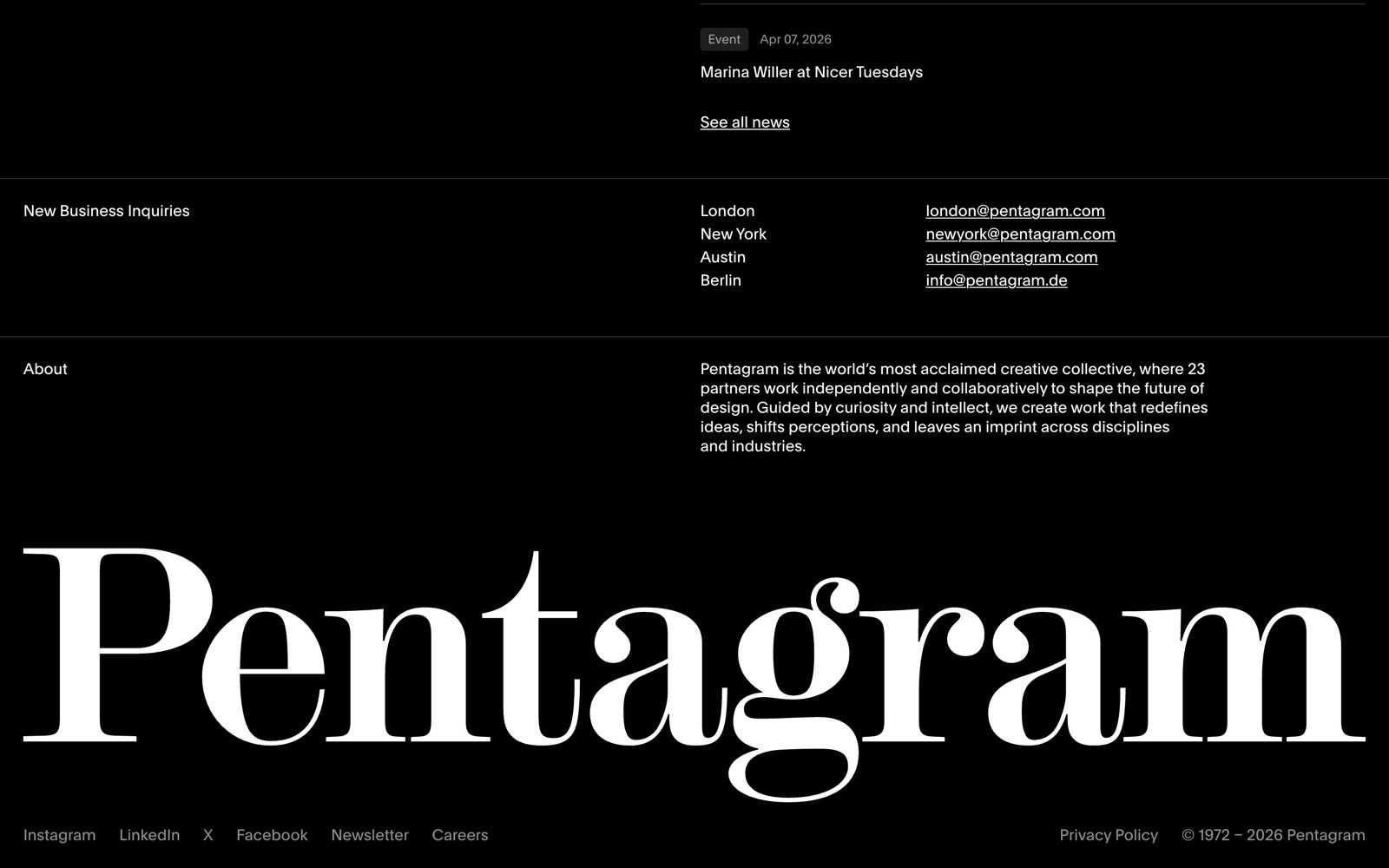 White "Pentagram" text on black background. Contact details and locations: London, New York, Austin, Berlin. Footer links include Privacy Policy.