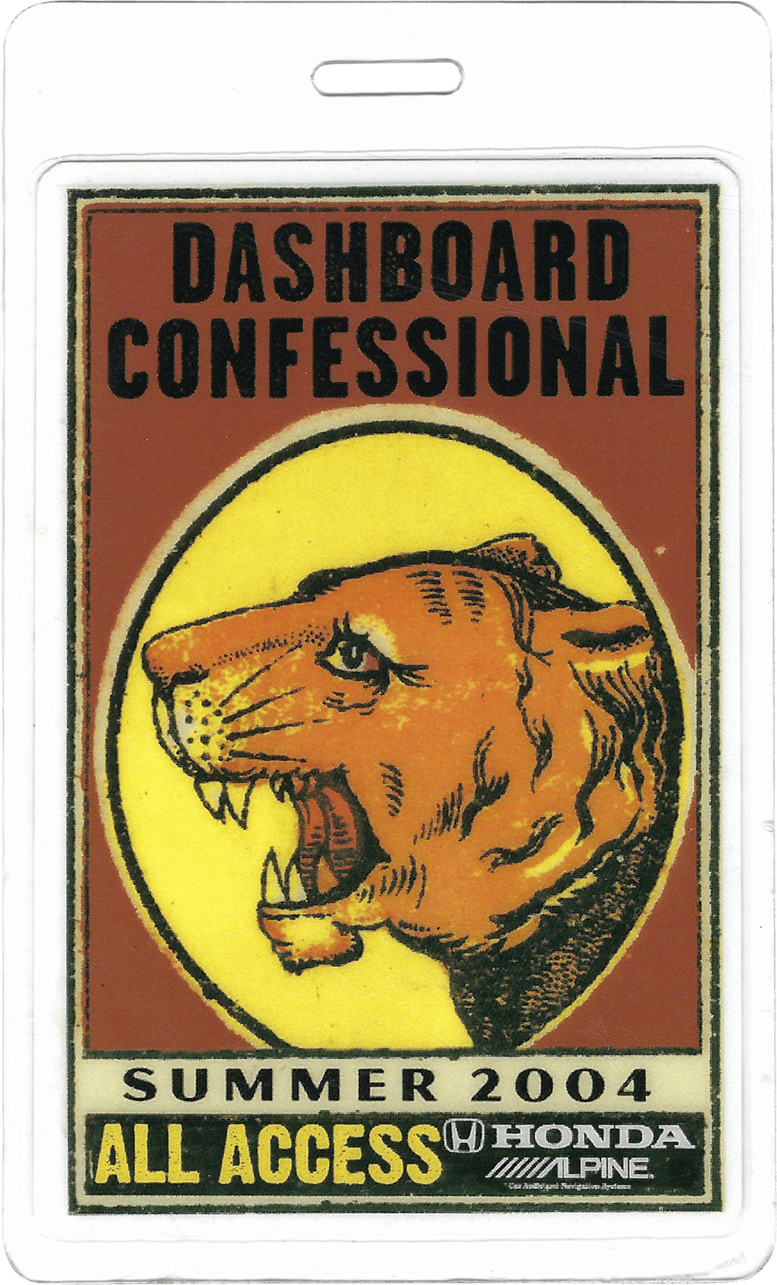 A backstage pass for "Dashboard Confessional" featuring a stylized lion's head in warm colors.