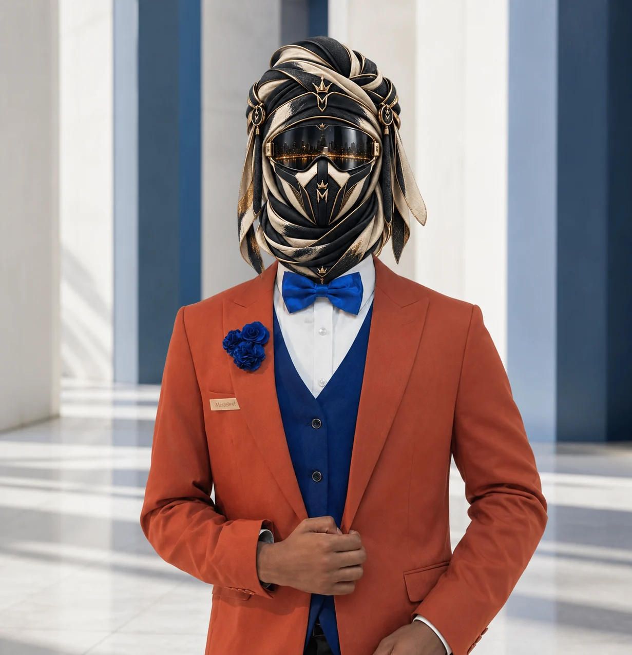 Alternate view of Burnt Orange and Blue, showing the same complete outfit from another angle or location, with the official Marzelest face covering.