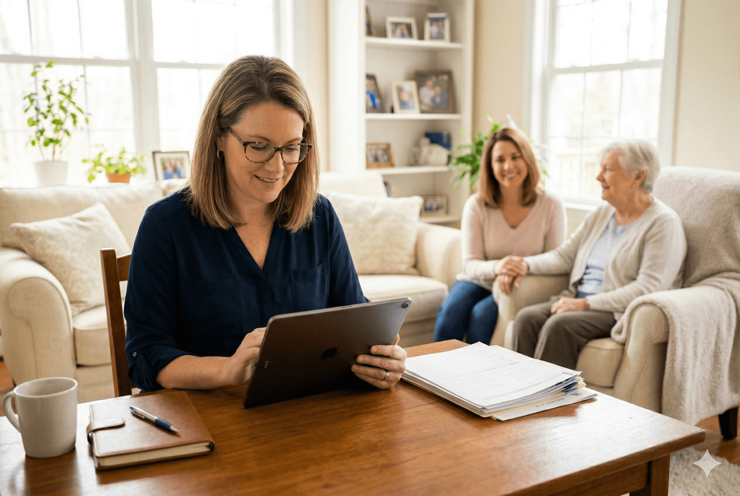 A home care agency coordinator seated at a bright, organized desk reviewing documents on a tablet, with a warm and attentive expression. A senior client and adult family member are visible in soft focus in the background, suggesting a recent home visit. Natural afternoon light through a window, clean and professional environment. Shot on Fujifilm X-T4, aspect ratio 3:2.