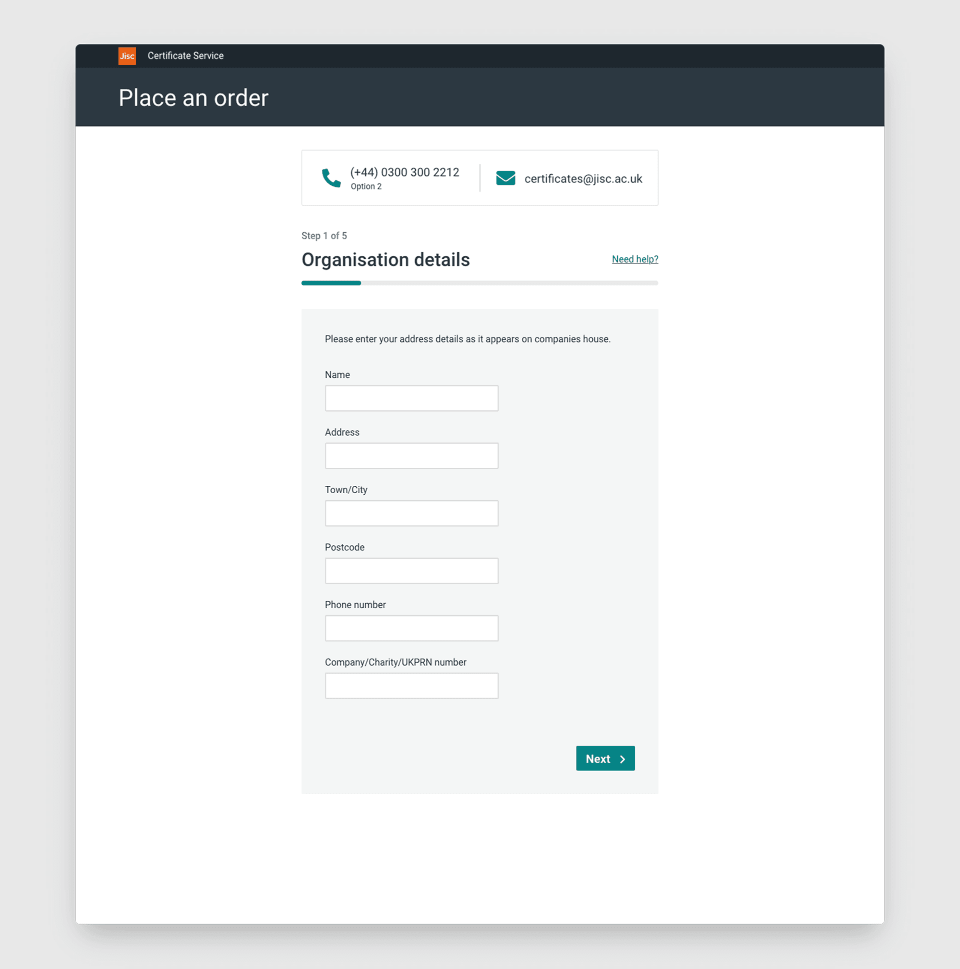 The Organisation details step with a contextual help bar at the top showing a phone number and an email address for the certificates team.