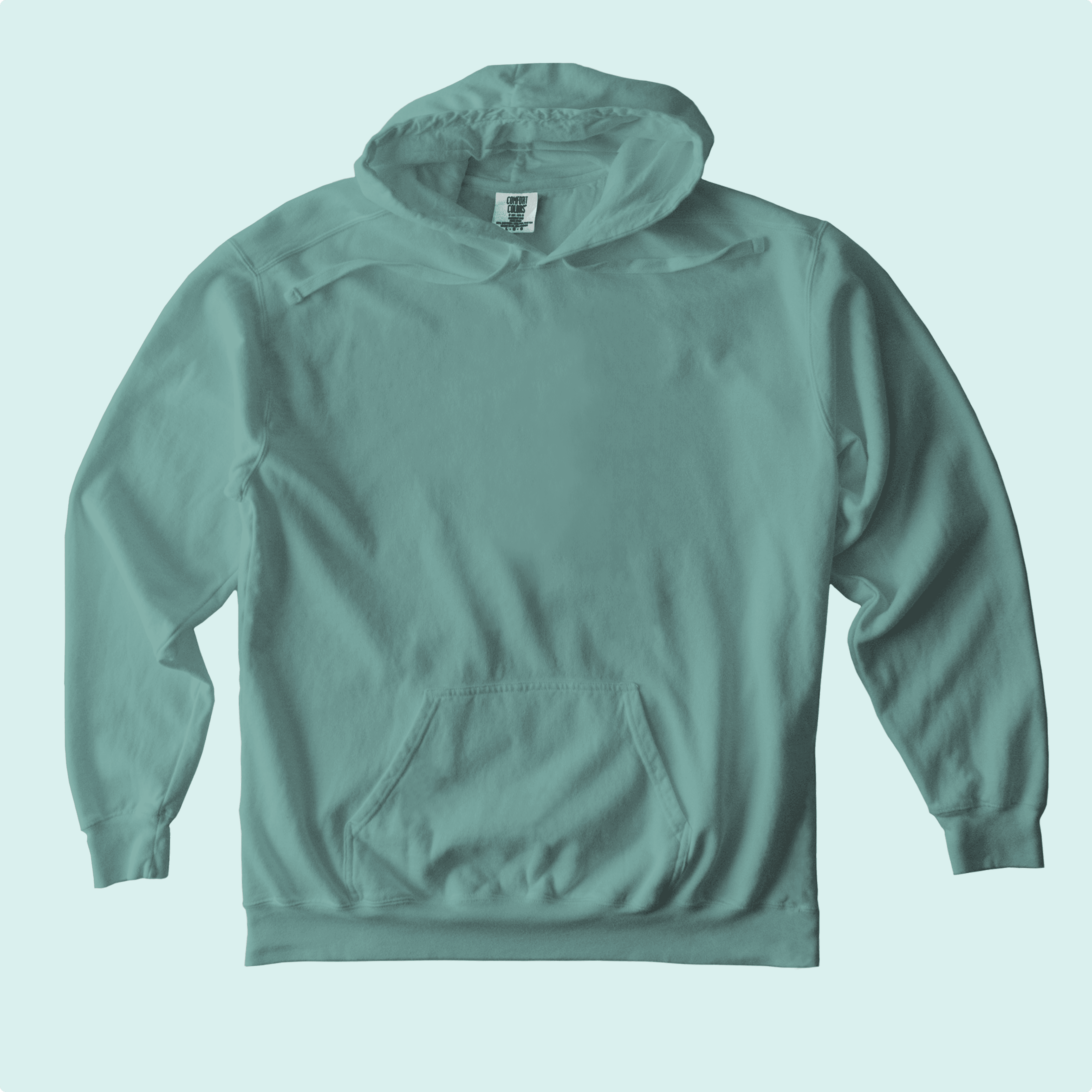 A teal pullover hoodie with a front pocket.