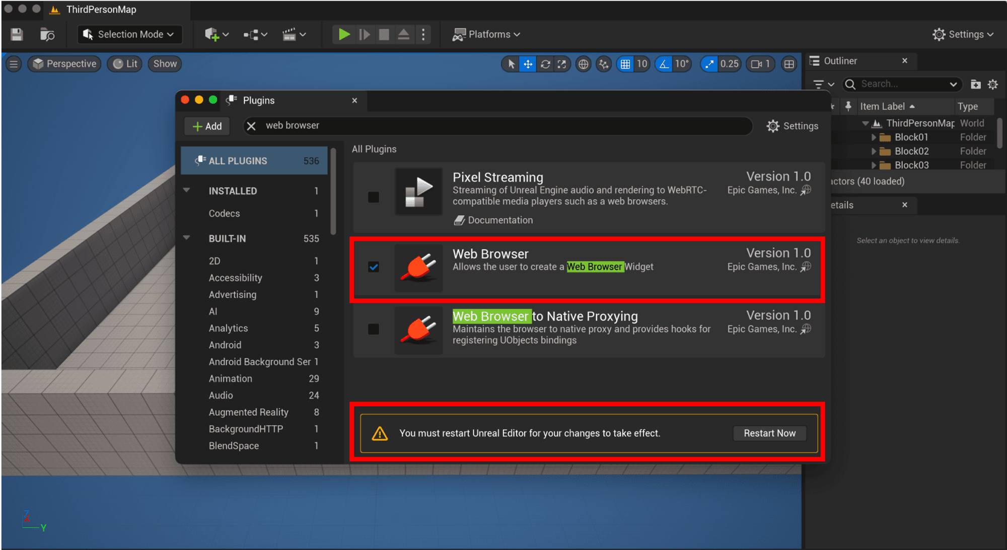 Activate the Web Browser plugin, then restart Unreal Engine to implement the changes.