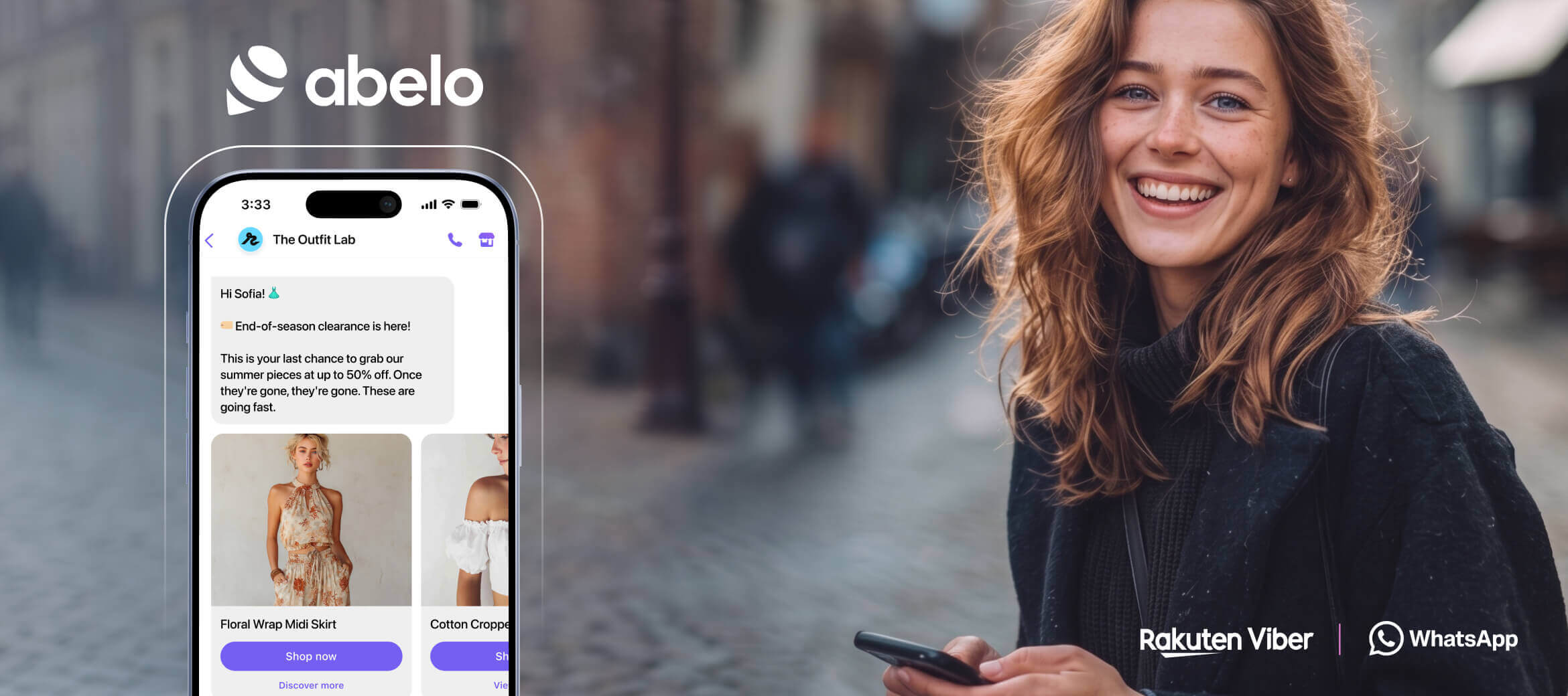 A woman smiles gently at her smartphone, which displays a personalised Viber campaign related to a new fashion and apparel collection, delivered via Abelo.