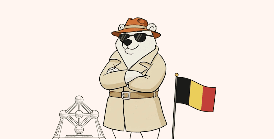 Illustration of a bear standing next to a Belgian flag and the Atomium