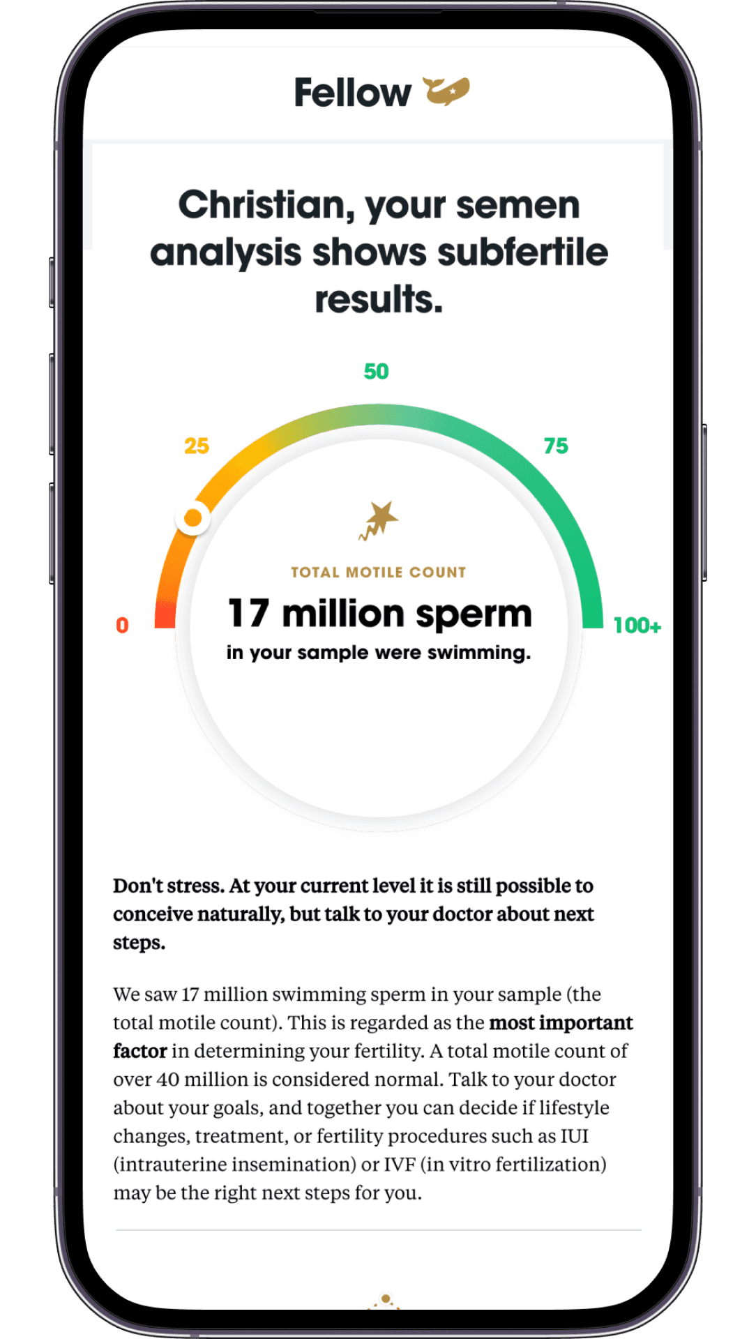 Fellow Semen Analysis results displayed on a mobile phone