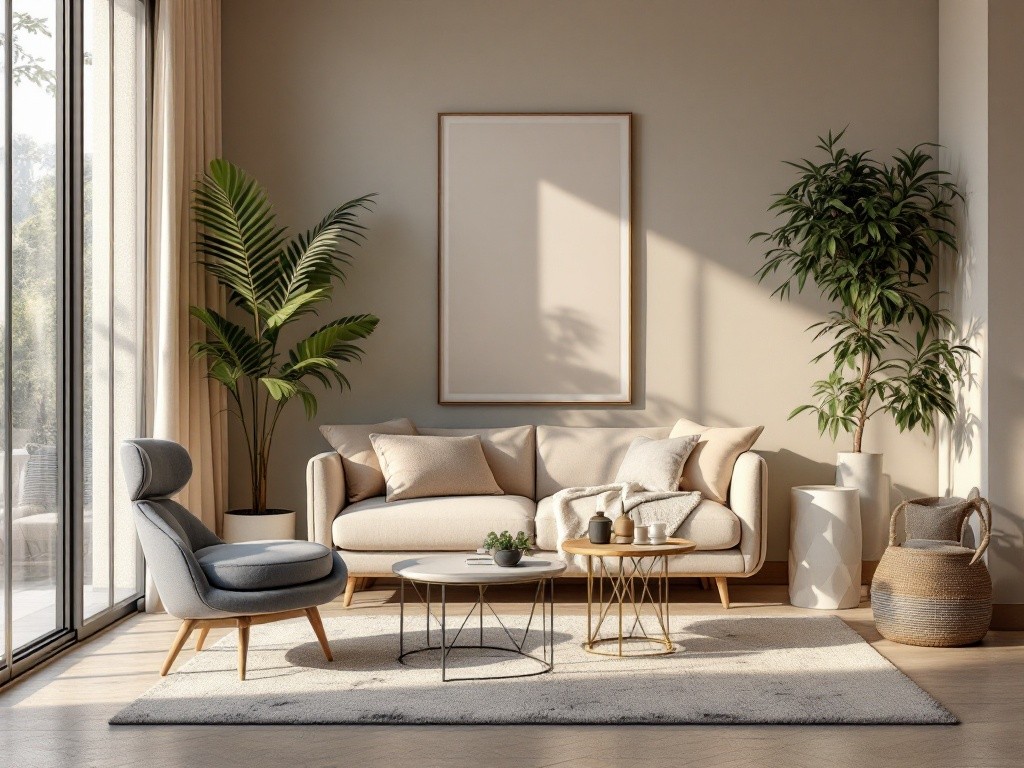 Beige living room with a beige couch, two side tables, a gray armchair, and two plants.