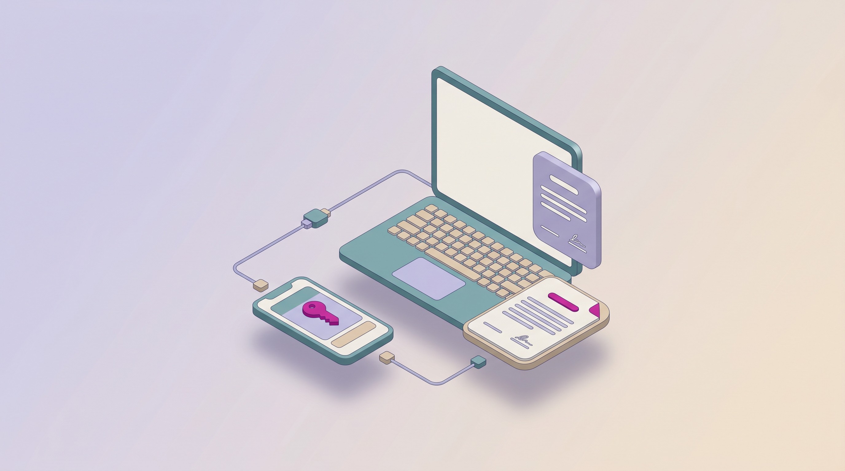 Laptop and phone connected for contract workflow