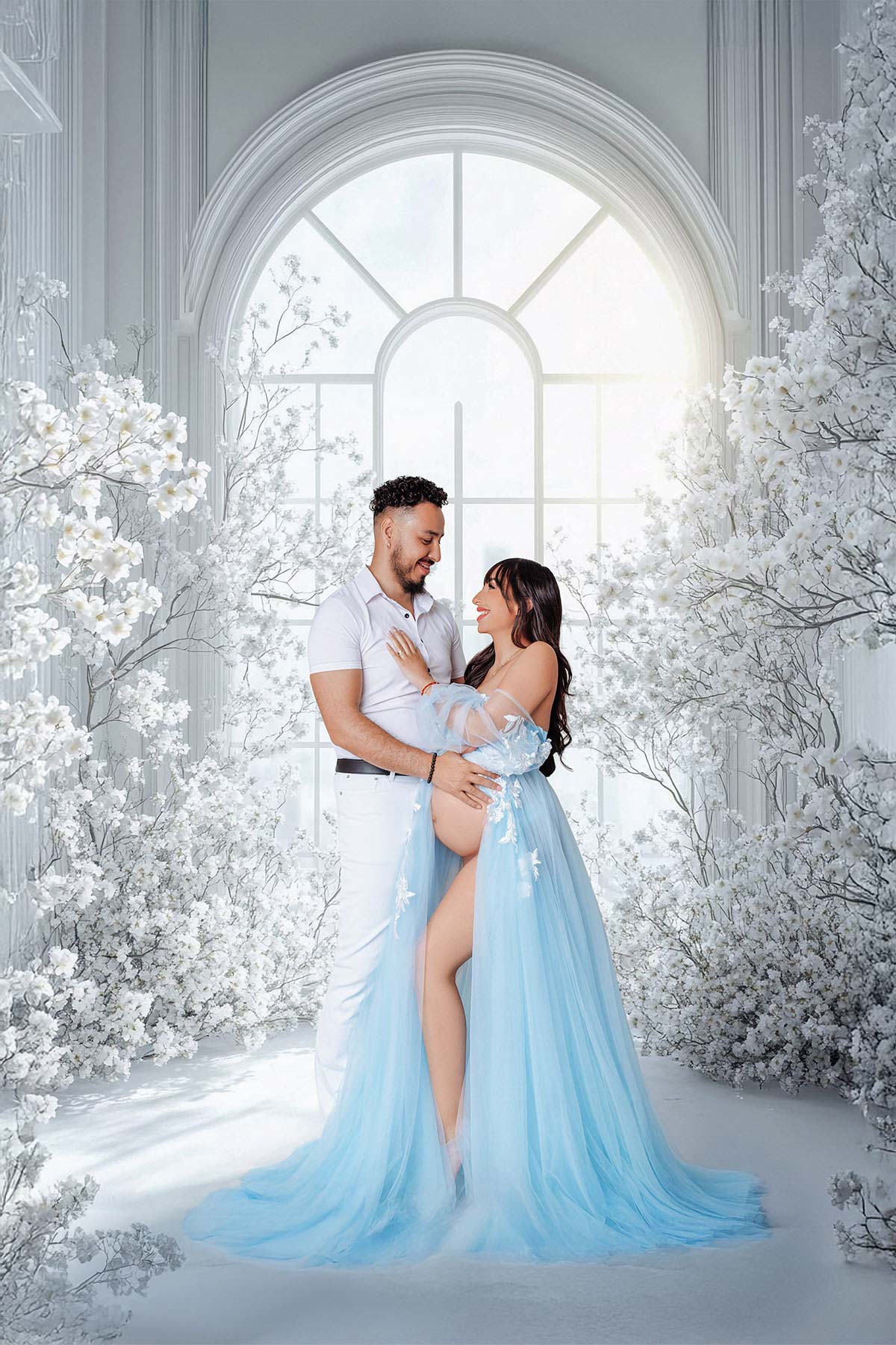 Romantic maternity session with couple — connection, love, and warm light.