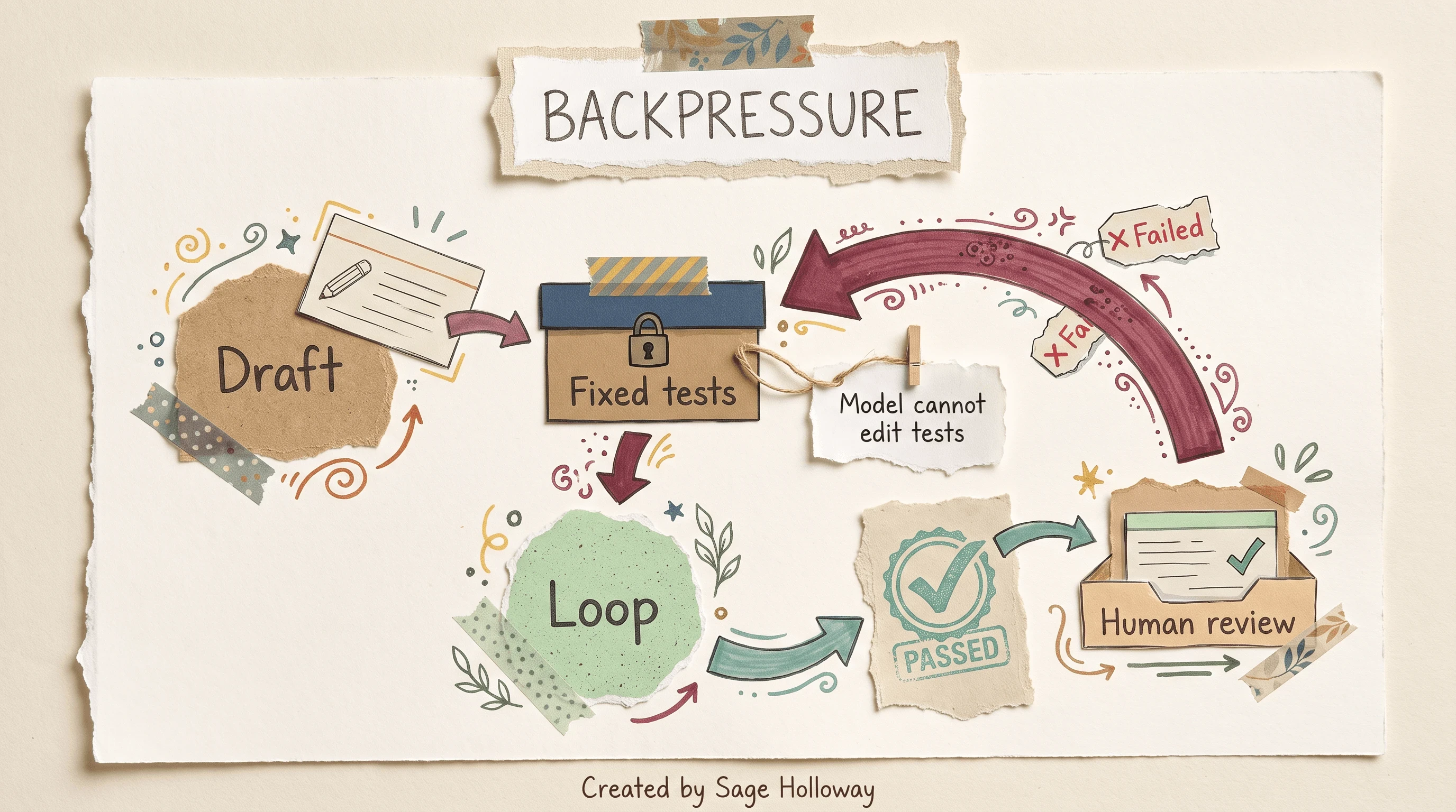 Scrapbook BACKPRESSURE loop from Draft through a locked Fixed tests box to a PASSED Human review folder, with a note that the model cannot edit tests