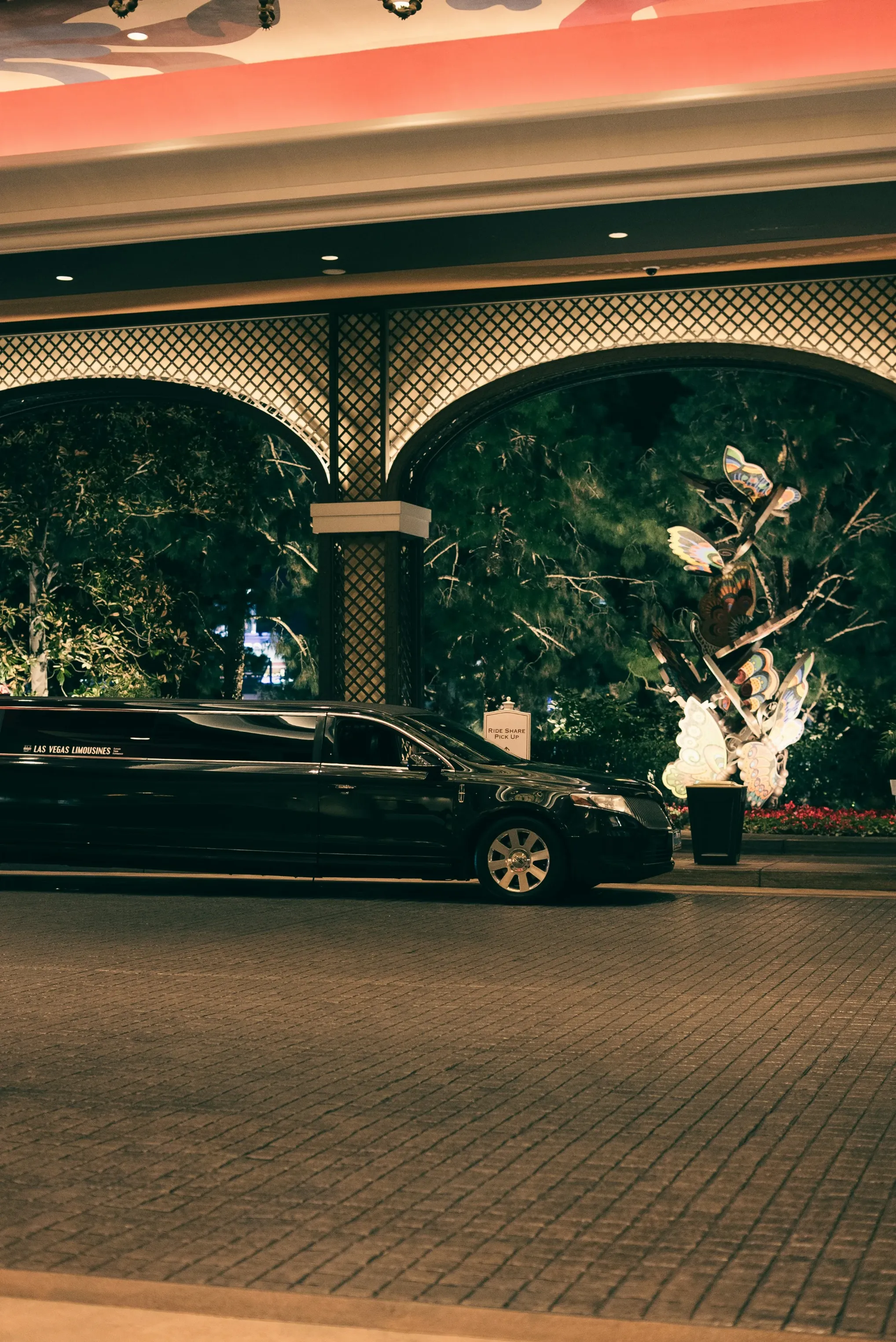 A black limousine parked outside an ornate building entrance.