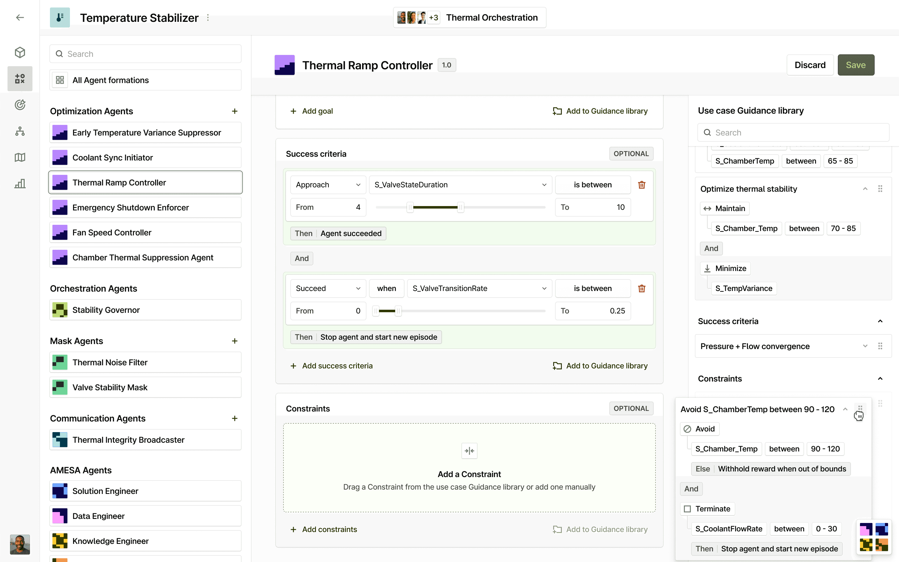 Temperature stabilizer dashboard displaying thermal ramp controller settings with sections for optimization agents, orchestration agents, and temperature control constraints, offering options for adjusting chamber temperature, agent settings, and stabilizing thermal patterns.