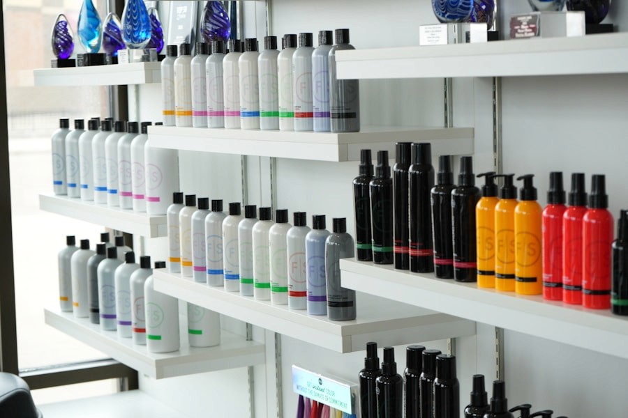 Shelves of professional beauty products for clearance bundles