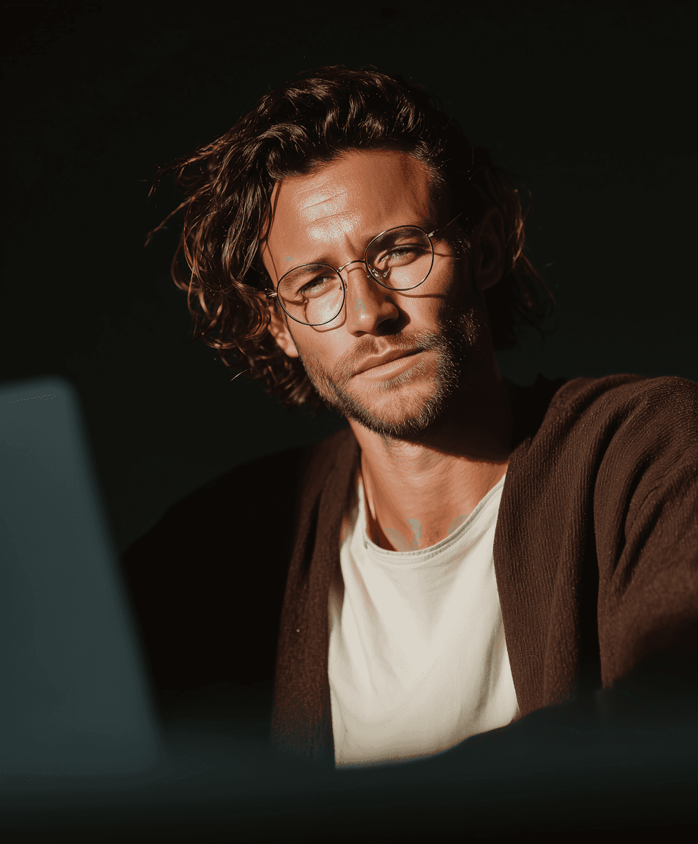 Man with wavy brown hair and glasses, wearing a white shirt and brown cardigan, focused on a laptop in a dimly lit setting.