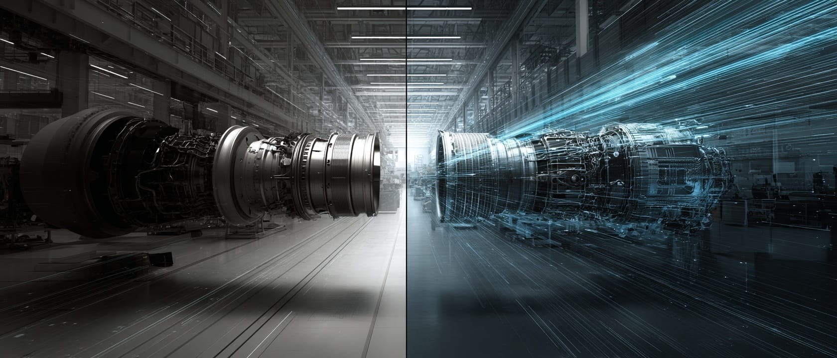 Split-view image of an aerospace engine transitioning from physical hardware to a digital model, representing intelligent logistics, operational visibility, and data-driven coordination across complex aerospace systems.