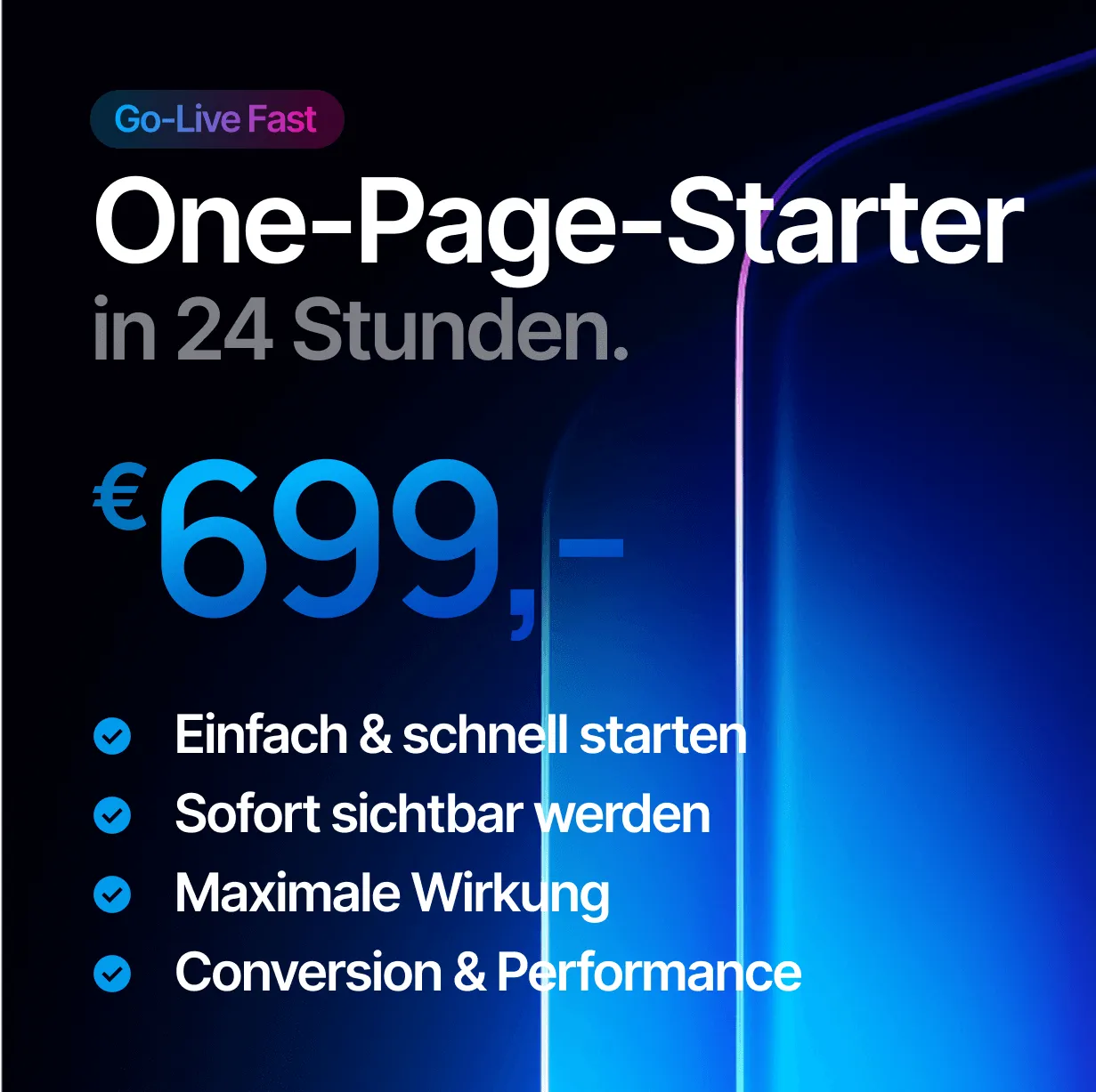 Promotional image for a one-page starter service priced at €699, highlighting quick setup and features.