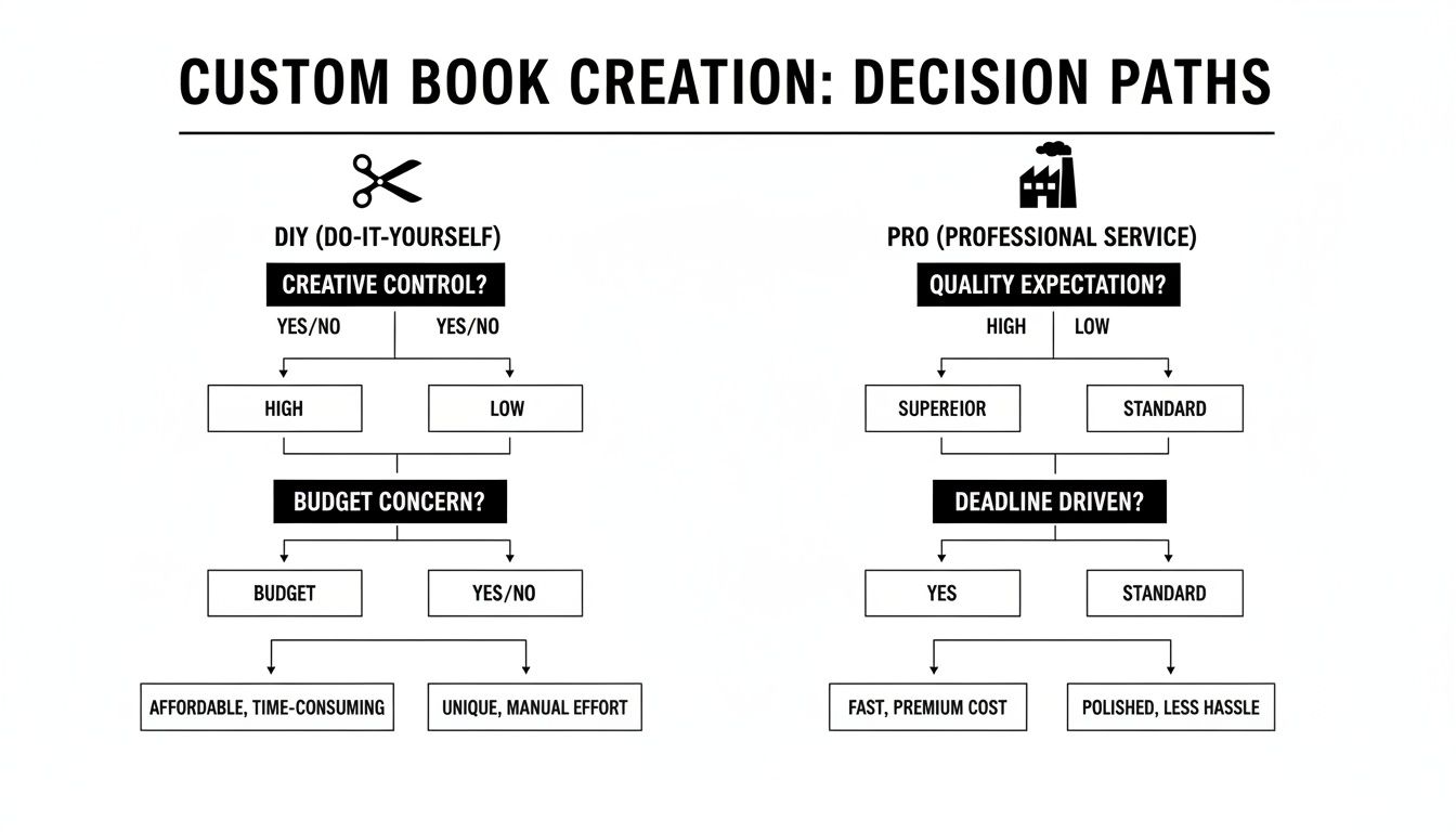 Flowchart detailing custom book creation decision paths, offering DIY and professional service options with different outcomes.