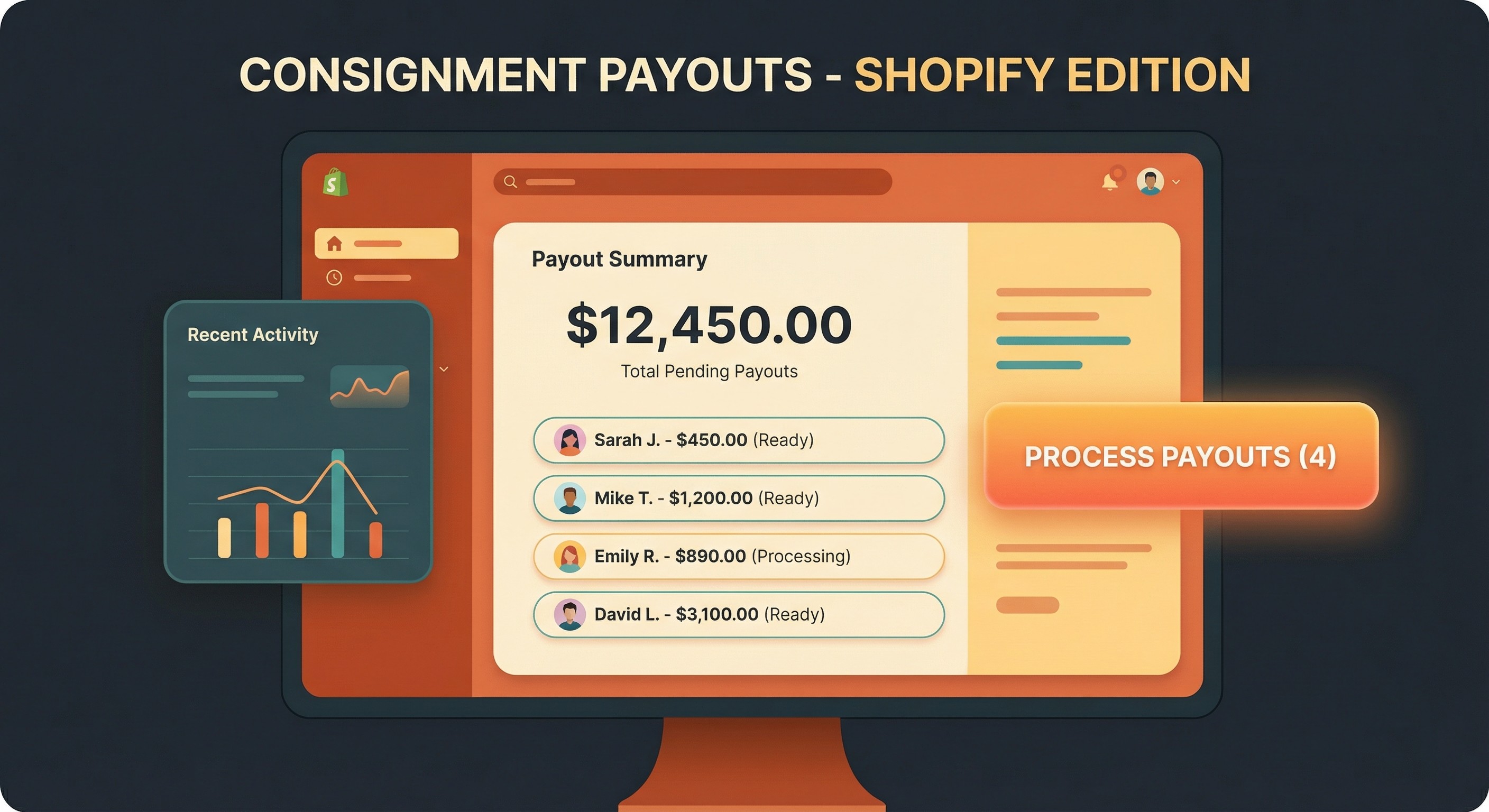 Automated consignor payout dashboard on Shopify showing vendor balances and payment processing