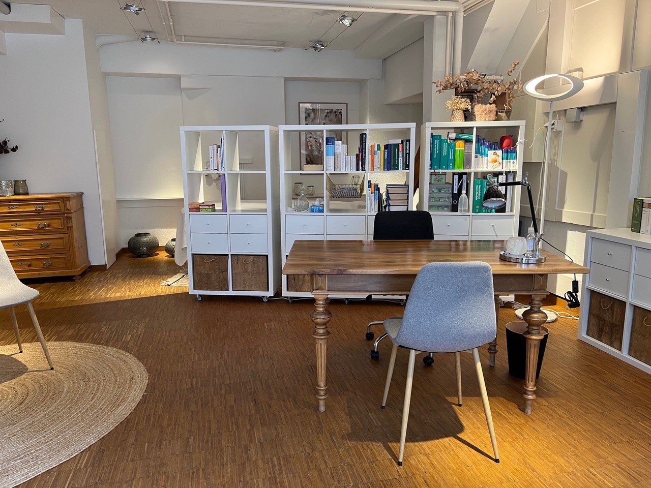 Praxisraum mit Stühlen, Tisch, Büchergestell und Untersuchungsliege