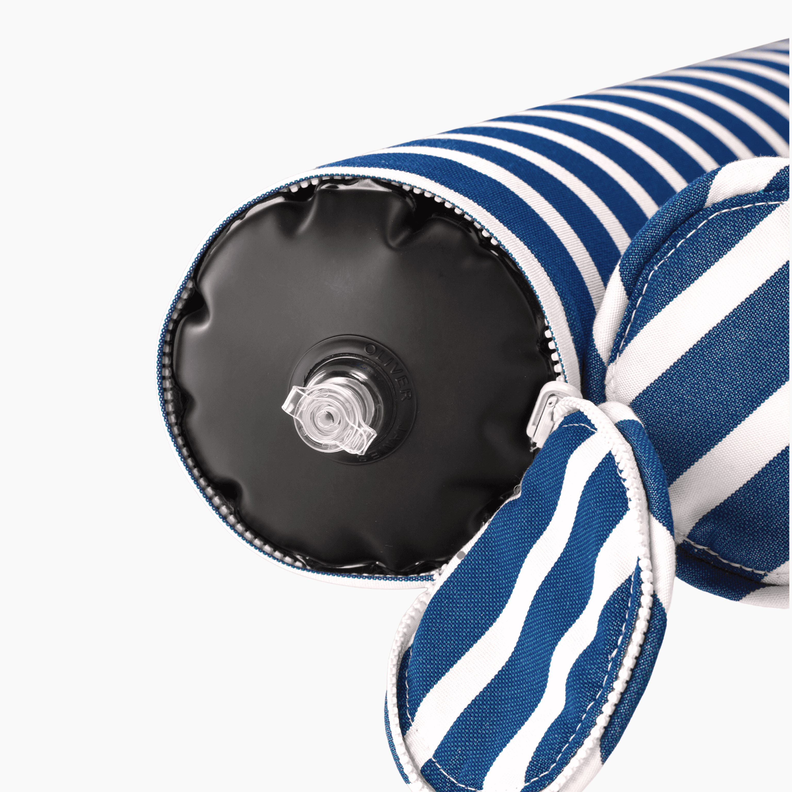 Close-up of hammock pool float showing blue-and-white canvas, inflation valve, and self-coloured piping