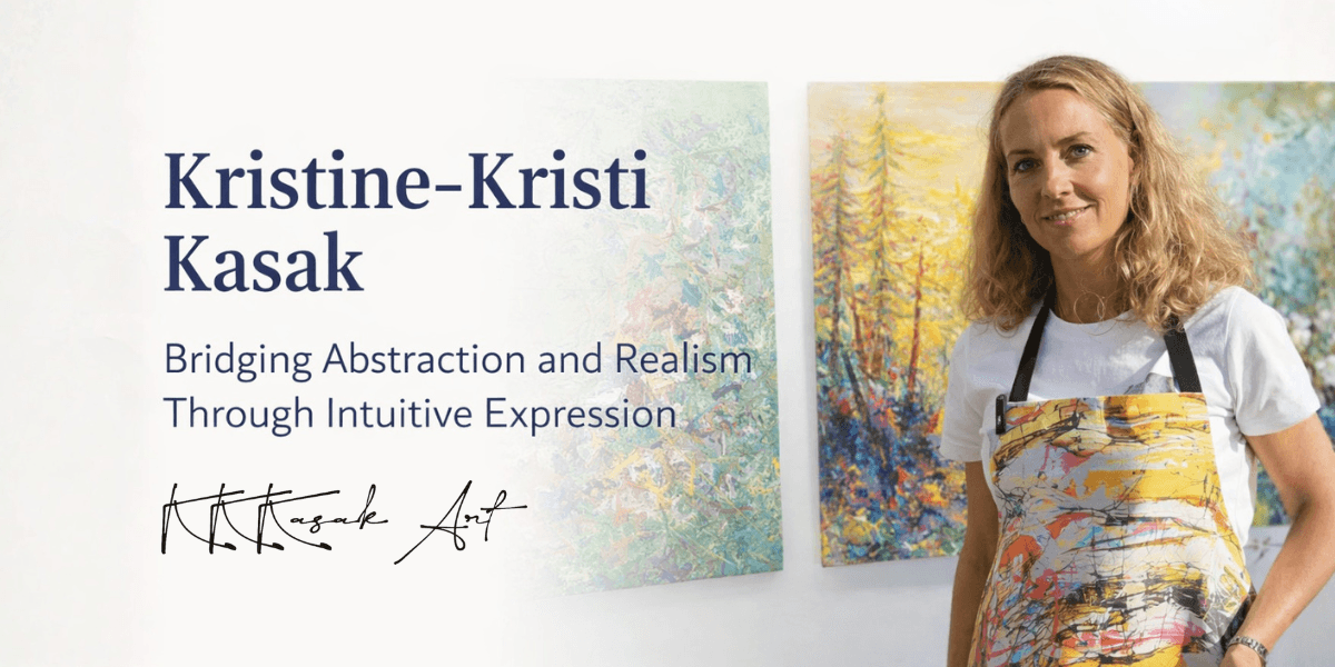 Kristine-Kristi Kasak stands beside her vibrant abstract nature paintings, representing her intuitive fusion of realism and abstraction.