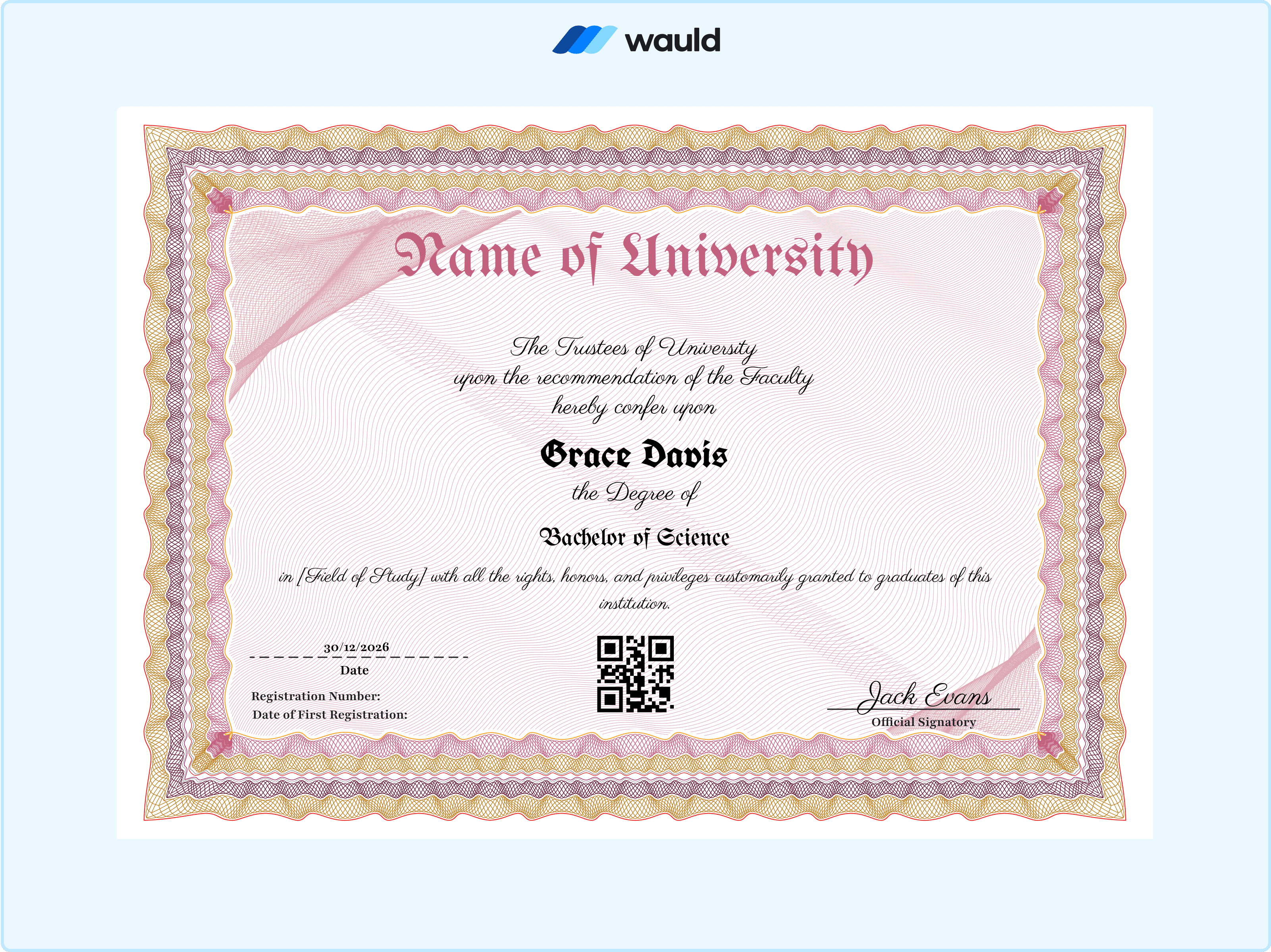 Wauld - Pink Traditional Graduation Certificate Template