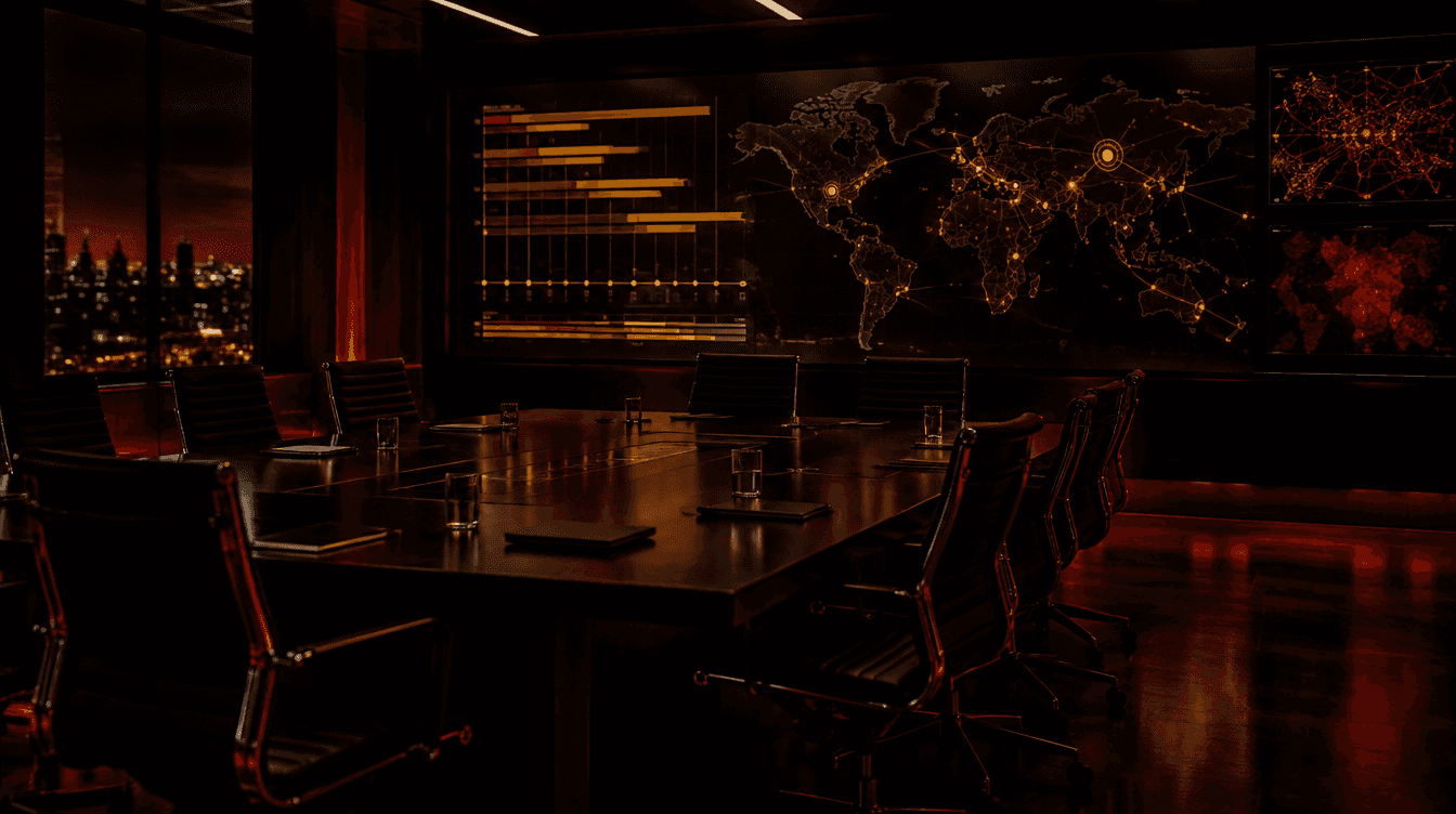 Dark crisis room with empty chairs and a wall display of abstract timeline bars