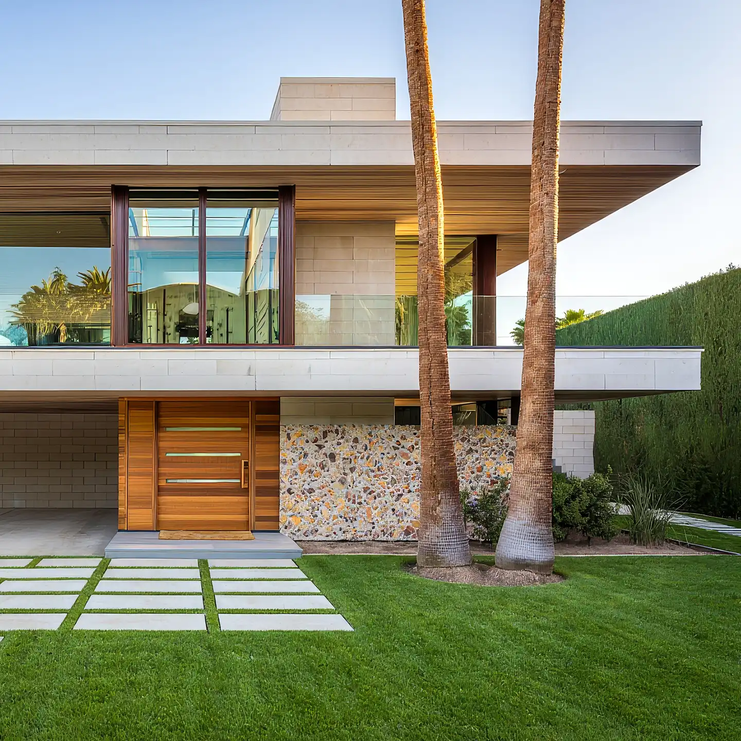 Stylish exterior view with plants, grass lawn, and modern facade