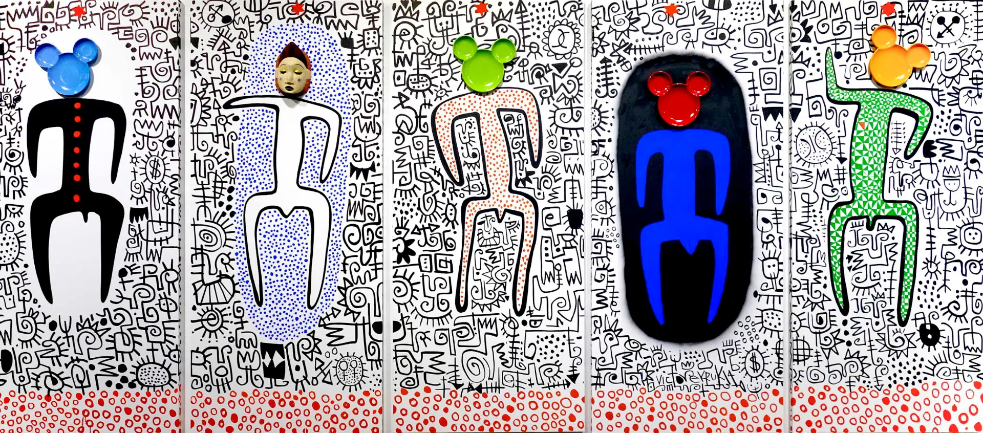 Mickey on Broadway (2014). Poster markers, spray paint and plastic on wood.